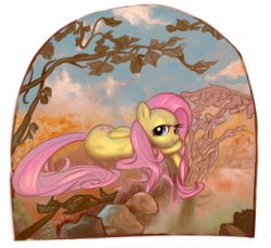 Size: 1024x938 | Tagged: safe, artist:javkiller, fluttershy, pegasus, pony, g4, female, looking at you, mare, modern art, nouveau, on side, solo, water