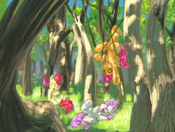 Size: 1600x1200 | Tagged: safe, artist:javkiller, apple bloom, scootaloo, sweetie belle, earth pony, pegasus, pony, unicorn, g4, cutie mark crusaders, dappled sunlight, eyes closed, female, filly, forest, laughing, suspended, tree
