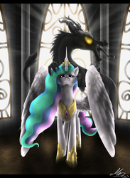 Size: 1450x1980 | Tagged: dead source, safe, artist:gonedreamer, discord, princess celestia, alicorn, draconequus, pony, g4, backlighting, crepuscular rays, duo, female, glowing eyes, looking at you, male, mare, ship:dislestia, shipping, signature, straight, tongue out