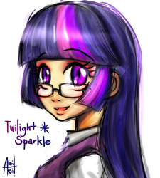 Size: 1400x1555 | Tagged: safe, artist:ereb-tauramandil, twilight sparkle, human, g4, bust, button-up shirt, clothes, female, glasses, humanized, looking at you, name, open mouth, open smile, shirt, signature, simple background, smiling, solo, sweater vest, white background