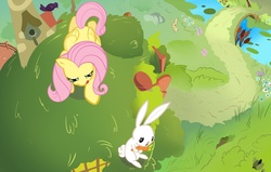 Size: 1300x825 | Tagged: safe, artist:javkiller, angel bunny, fluttershy, pegasus, pony, g4, carrot, female, fluttershy's cottage, food, high angle, hunting, licking, licking lips, mare, roof, tongue out, vertigo