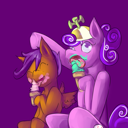 Size: 1280x1280 | Tagged: safe, artist:zuart, scootaloo, screwball, earth pony, pegasus, pony, g4, duo, female, filly, food, ice cream, ice cream cone, mare, simple background, sitting