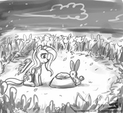 Size: 800x733 | Tagged: safe, artist:johnjoseco, angel bunny, fluttershy, pegasus, pony, g4, crossover, female, grayscale, mare, monochrome, okami, sitting