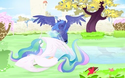 Size: 2400x1500 | Tagged: safe, artist:bigbuxart, princess celestia, princess luna, alicorn, pony, g4, book, cute, eyes closed, female, filly, flower, garden, on side, playing, s1 luna, sisters, spread wings, water, wings, woona