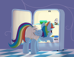 Size: 1000x775 | Tagged: safe, artist:pageturner1988, rainbow dash, pegasus, pony, g4, boxers, butt, butt scratch, clothes, female, food, mare, mayonnaise, messy mane, plot, rear view, refrigerator, sauce, solo, underwear, white underwear, wing hands, wings