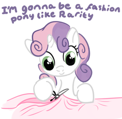 Size: 662x647 | Tagged: safe, artist:pixelfyxe, sweetie belle, pony, unicorn, g4, fabric, female, filly, scissors, simple background, solo