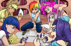 Size: 1020x660 | Tagged: safe, artist:notjailbait, applejack, fluttershy, pinkie pie, rainbow dash, rarity, twilight sparkle, human, pony, g4, belly button, book, dice, dungeon master, dungeons and dragons, female, golden oaks library, humanized, mane six, midriff