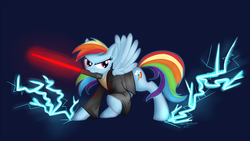 Size: 1300x734 | Tagged: safe, artist:zombiethegreat, rainbow dash, pegasus, pony, g4, clothes, energy weapon, female, lightning, lightsaber, mare, mouth hold, robe, solo, star wars, weapon