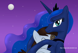 Size: 1326x900 | Tagged: safe, artist:migueruchan, pipsqueak, princess luna, alicorn, earth pony, pony, g4, colt, duo, female, hug, male, mare, night, ship:lunapip, shipping, straight