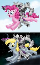 Size: 996x1595 | Tagged: safe, artist:ciarra, derpy hooves, pinkie pie, earth pony, pegasus, pony, g4, crossover, female, flying, mare, megatron, riding, transformers