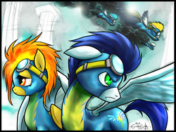 Size: 1500x1125 | Tagged: safe, artist:ereb-tauramandil, soarin', spitfire, surprise, pegasus, pony, clothes, female, flying, goggles, inspired by a song, male, mare, shipping, soarinfire, stallion, straight, uniform, wonderbolts, wonderbolts uniform