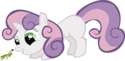 Size: 1940x943 | Tagged: safe, artist:cronnox, sweetie belle, mantis, pony, unicorn, g4, crouching, female, filly, looking at something, simple background, solo, transparent background, vector