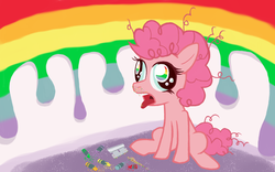 Size: 1640x1024 | Tagged: safe, artist:bitterjitters, pinkie pie, earth pony, pony, g4, abstract background, crayon, drugs, female, filly, foal, high, junkie pie, melting, open mouth, rainbow, razor blade, sitting, solo