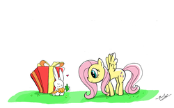 Size: 2667x1667 | Tagged: safe, artist:emptywaterbucket76, angel bunny, fluttershy, pegasus, pony, g4, carrot, female, heart, mare, present