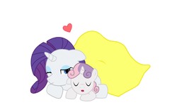 Size: 1660x1028 | Tagged: safe, artist:buckheadgar, rarity, sweetie belle, pony, unicorn, g4, blanket, female, filly, heart, mare, simple background, sleeping, white background