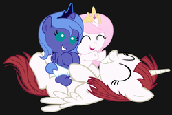 Size: 4500x3000 | Tagged: safe, artist:beavernator, princess celestia, princess luna, oc, oc:fausticorn, alicorn, pony, g4, ^^, age difference, alicorn oc, baby, baby alicorns, baby celestia, baby luna, baby pony, cewestia, cute, cutelestia, diaper, diapered, diapered fillies, diapered foals, eyes closed, faustabetes, female, filly, foal, hug, lauren faust, lunabetes, mare, on back, pink-mane celestia, white diapers, woona, young, younger
