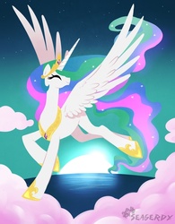 Size: 520x668 | Tagged: dead source, safe, artist:seagerdy, princess celestia, alicorn, pony, g4, cloud, cloudy, cute, cutelestia, eyes closed, female, flying, mare, smiling, solo, spread wings, sun