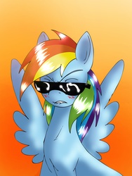 Size: 2500x3333 | Tagged: safe, artist:alcasar-reich, rainbow dash, pegasus, pony, g4, blushing, dat ass, female, gradient background, high res, lip bite, mare, meme, solo, spread wings, sunglasses, wings