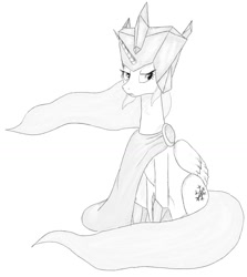 Size: 1200x1345 | Tagged: safe, artist:madhotaru, alicorn, pony, cloak, clothes, female, grayscale, mare, monochrome, ponified, simple background, sitting, snow queen, solo, white background