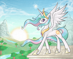 Size: 2500x2000 | Tagged: safe, artist:exxiry, princess celestia, alicorn, pony, g4, female, high res, mare, mountain, profile, river, solo, sun, sunrise, tree