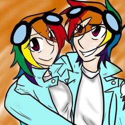 Size: 1110x1110 | Tagged: safe, artist:lenelricshionvlad, rainbow dash, human, g4, abstract background, duo, female, goggles, hug, humanized, male, rainbow blitz, rule 63, self paradox, smiling