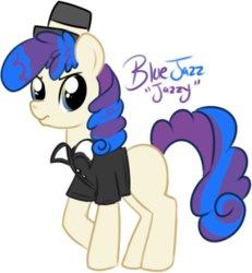 Size: 309x335 | Tagged: safe, artist:lulubell, oc, oc only, oc:blue jazz, earth pony, pony, female, filly, foal, hat, magical lesbian spawn, next generation, offspring, parent:rarity, parent:sapphire shores, parents:rarishores, simple background, solo, transparent background