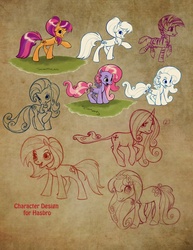 Size: 638x825 | Tagged: dead source, safe, artist:nicole gauss, majesty, pinkie pie (g3), scootaloo (g3), starsong, sunny seed, earth pony, pony, unicorn, zebra, g3, g3.5, g4, official, behind the scenes, concept art, female, hasbro, mare, unnamed character, unnamed zebra, what could have been