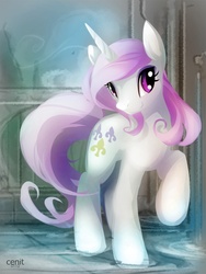 Size: 825x1100 | Tagged: safe, artist:cenit-v, fleur-de-lis, pony, unicorn, g4, female, looking at you, mare, raised hoof, smiling, solo