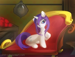 Size: 1150x875 | Tagged: safe, artist:cenit-v, rarity, pony, unicorn, g4, couch, fainting couch, female, mare, sitting, solo, wet, wet mane, wet mane rarity