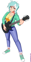 Size: 1500x3000 | Tagged: dead source, safe, artist:endlessnostalgia, lyra heartstrings, human, fanfic:anthropology, g4, anime, blush lines, blushing, electric guitar, fanfic, fanfic art, female, guitar, humanized, jewelry, light skin, musical instrument, pendant, simple background, solo, transparent background