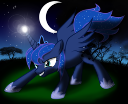Size: 3531x2882 | Tagged: safe, artist:sergrus, princess luna, alicorn, pony, g4, action pose, crescent moon, female, high res, mare, moon, night, solo, transparent moon