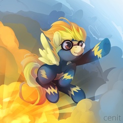 Size: 1000x1000 | Tagged: safe, artist:cenit-v, spitfire, pegasus, pony, g4, clothes, female, flying, goggles, mare, solo, uniform, wonderbolts uniform