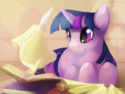 Size: 1200x900 | Tagged: safe, artist:cenit-v, twilight sparkle, pony, unicorn, g4, book, female, ink, mare, prone, quill, solo, writing