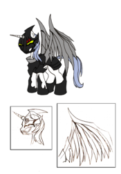 Size: 1450x2066 | Tagged: safe, artist:dankodeadzone, oc, oc only, oc:sparkling chaos, pony, unicorn, ask luna & venom, armor, artificial wings, augmented, male, mask, mechanical wing, solo, stallion, wings