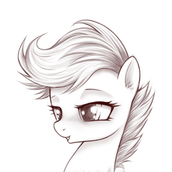 Size: 400x400 | Tagged: safe, artist:rainbow, scootaloo, pegasus, pony, g4, :o, bust, dat hair, ear fluff, female, filly, lidded eyes, monochrome, open mouth, simple background, sketch, solo, white background