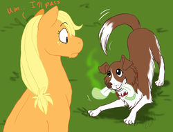 Size: 1374x1048 | Tagged: safe, artist:cartoonlion, applejack, winona, dog, earth pony, pony, g4, dogs being dogs, female, fetch, mare, smelly, sock, visible stench