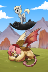 Size: 1077x1600 | Tagged: safe, artist:olafski, derpy hooves, manny roar, manticore, pegasus, pony, g4, cloud, cloudy, duo, female, lightning, mare, sleeping, stormcloud, tempting fate, this will end in tears and/or death