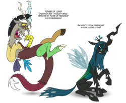 Size: 1250x1024 | Tagged: safe, artist:glancojusticar, discord, queen chrysalis, changeling, changeling queen, draconequus, g4, female, laughing, queen chrysalis is not amused, simple background, taunting, transparent background, unamused