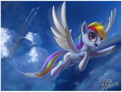 Size: 1134x856 | Tagged: safe, artist:14-bis, rainbow dash, pegasus, pony, artifact, cloud, contrail, daily deviation, female, flying, happy, looking at you, mare, open mouth, scenery, sky, smiling, solo focus, spread wings, wallpaper, wings, wonderbolts
