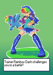 Size: 600x848 | Tagged: safe, artist:gomigomipomi, rainbow dash, human, pegasus, pony, g4, crossover, female, human ponidox, humanized, mare, nintendo, pokémon, pokémon battle, pokémon trainer, self ponidox