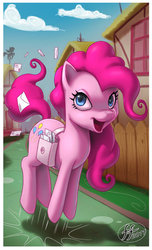 Size: 400x660 | Tagged: safe, artist:14-bis, pinkie pie, earth pony, pony, g4, female, happy, invitation, letter, mailbag, mare, pronking, scenery, smiling, solo, weather vane