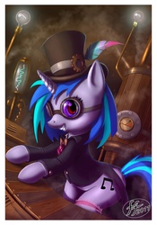 Size: 796x1134 | Tagged: safe, artist:14-bis, dj pon-3, vinyl scratch, pony, unicorn, g4, bowtie, clothes, feather, female, garter, goggles, hat, mare, red eyes, solo, steampunk, top hat, wrong eye color
