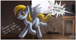 Size: 2551x1346 | Tagged: safe, artist:14-bis, derpy hooves, pegasus, pony, g4, artifact, censored vulgarity, computer, female, grawlixes, mare, pc, plug, power cord, solo, unplugged