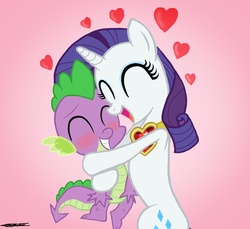 Size: 1652x1516 | Tagged: safe, artist:walliscolours, rarity, spike, dragon, pony, unicorn, g4, blushing, cute, eyes closed, female, fire ruby, heart, hug, interspecies, male, mare, ship:sparity, shipping, spikelove, straight