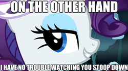 Size: 625x349 | Tagged: safe, edit, edited screencap, screencap, princess platinum, rarity, pony, unicorn, g4, hearth's warming eve (episode), bend over, caption, female, image macro, mare, out of context, solo
