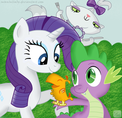 Size: 800x768 | Tagged: safe, artist:swanlullaby, opalescence, peewee, rarity, spike, cat, dragon, phoenix, pony, unicorn, g4, female, fork, knife, male, mare, phoenix chick, this will end in tears