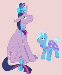 Size: 1246x1497 | Tagged: safe, artist:cartoonlion, trixie, twilight sparkle, pony, unicorn, g4, age regression, alternate hairstyle, bow, duo, duo female, female, filly, filly trixie, foal, hair bow, mare, pink background, ribbon, simple background, sitting, tail bow, tongue out, twilight sparkle is not amused, unamused, unicorn twilight, younger