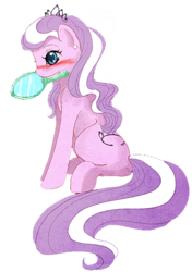 Size: 328x467 | Tagged: safe, artist:cosmicunicorn, diamond tiara, earth pony, pony, g4, blushing, cute, diamondbetes, female, filly, mirror, mouth hold, simple background, sitting, solo, transparent background