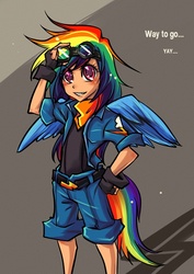 Size: 495x700 | Tagged: safe, artist:bakki, rainbow dash, human, g4, belt, cheering, clothes, cutie mark on clothes, female, fingerless gloves, gloves, goggles, goggles on head, humanized, shorts, solo, spread wings, tailed humanization, winged humanization, wings, yay