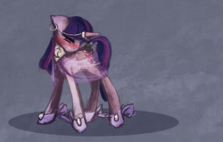 Size: 1000x635 | Tagged: safe, artist:cosmicunicorn, twilight sparkle, pony, unicorn, g4, blushing, bondage, ear piercing, earring, embarrassed, female, hobbled, horn, horn ring, implied lesbian, implied twiluna, jewelry, magic suppression, mare, piercing, ribbon, see-through, solo, tail wrap